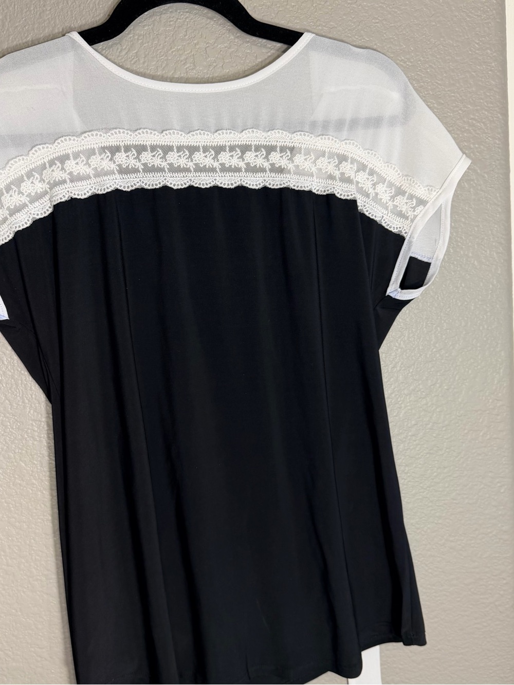 Black White Lace Blouse Sheer Mesh Yoke Romantic Boho Top M